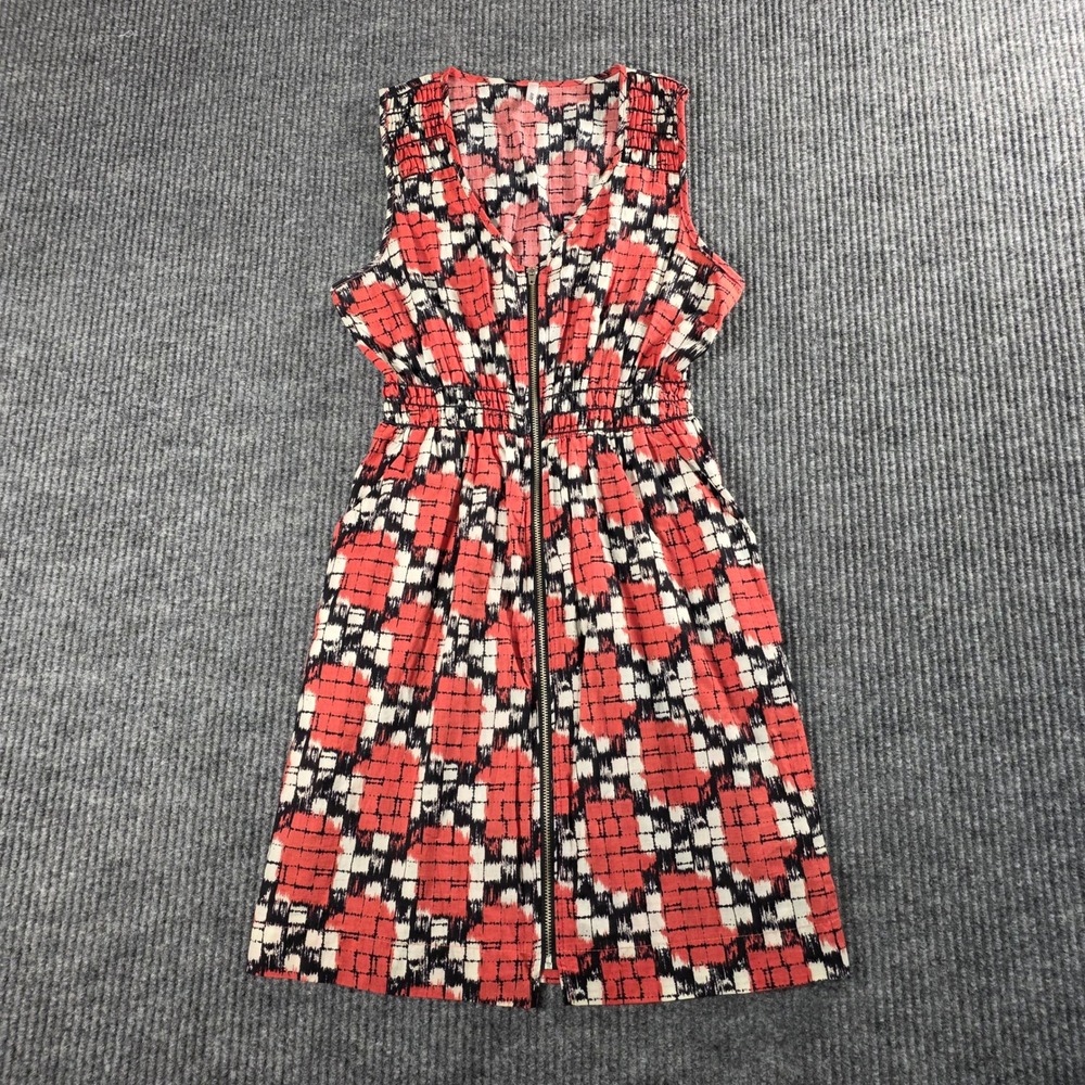 Audrey Red Black White Abstract Print Zip Front Smocked Waist Dress Small DH5094